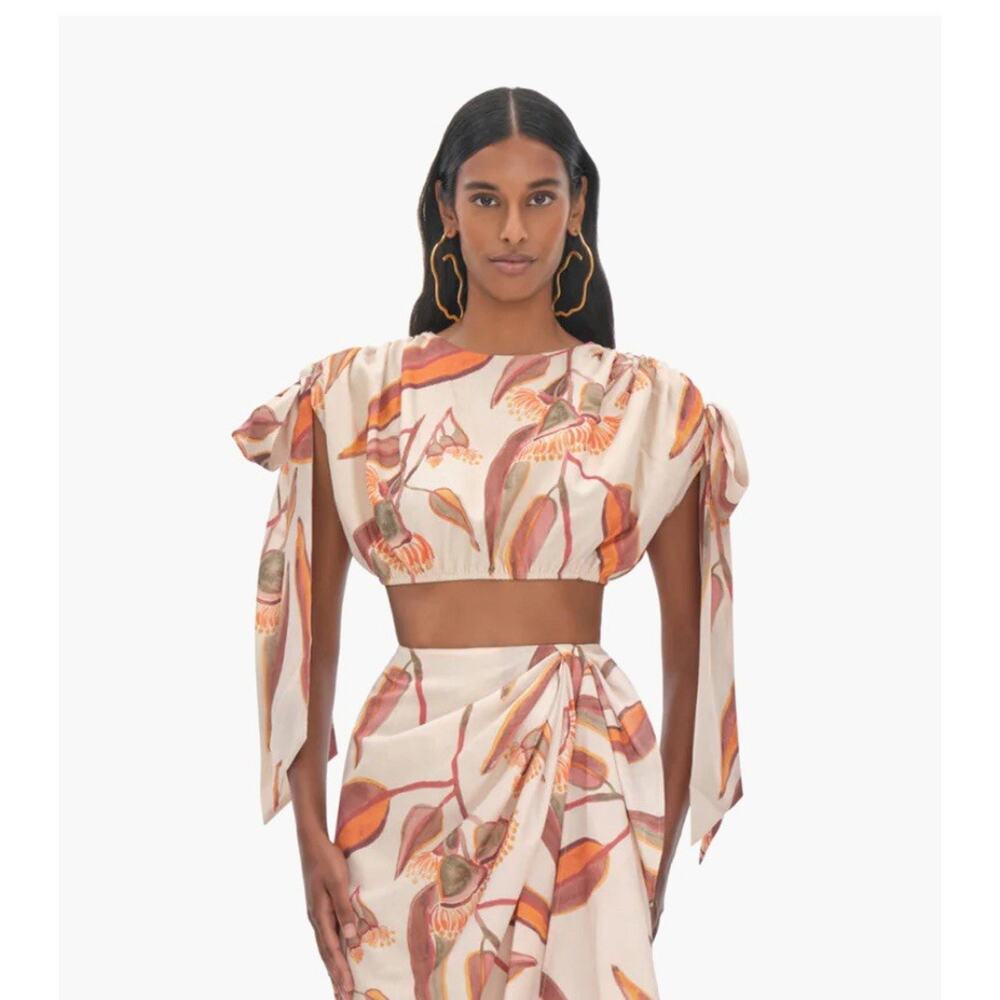 NWT Andrea Iyamah Halima Eucalyptus Crop Top Bow Sleeve Shirred Waist S (6-8)